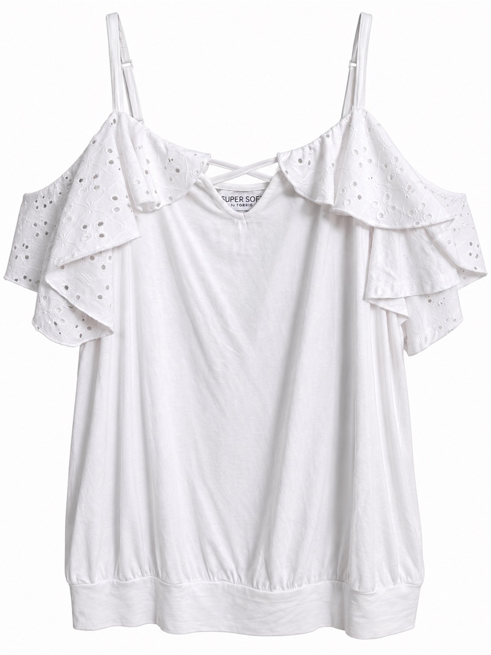 Torrid Size 0 White Super Soft Eyelet Ruffle Cold-Shoulder Top